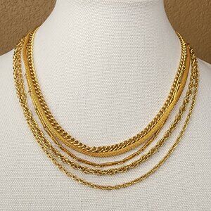 Vintage Estate Signed TAN Necklace Choker Multi Strand Layered Chain Gold Tone
